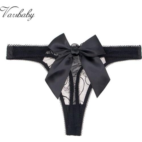 Varsbaby Big bow sexy thong embroidered transparent satin womens panties