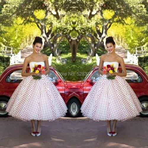 YNQNFS YWD108 Chic Ball Gown Tea Length Red Dots and White Wedding Vintage Dress 50S 60S
