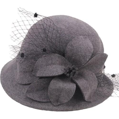 Lady Fedoras Wool Hat Female Woolen Dome Cap Girls Flowers Fedoras Cap Elegant Dome Basin Hat Fishermans Hats Adjust B8956