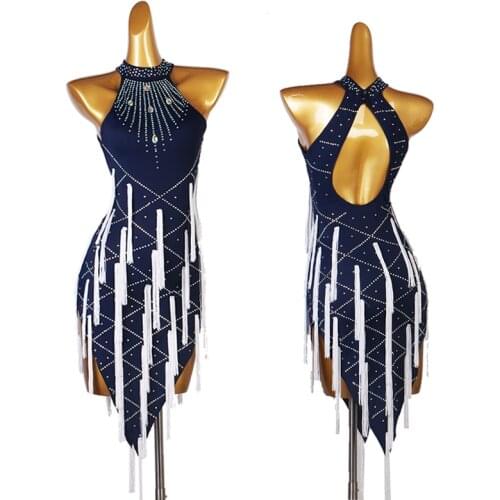 Female Latin Dance Costumes Professional Ballroom Dance Competition Dress Rhinestone Fringe Navy Blue Stage Clothing DQL5851