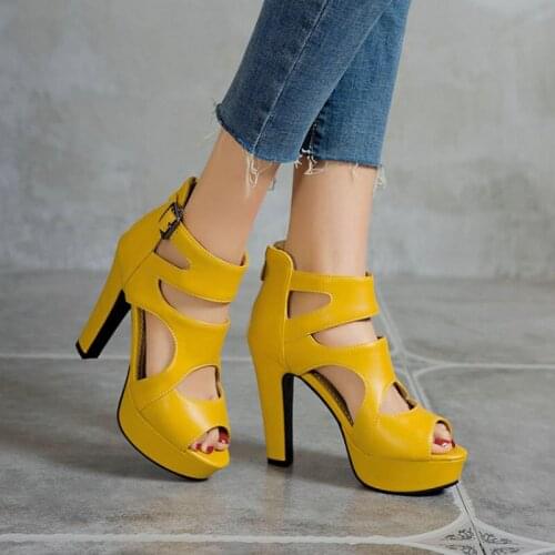 ZawsThia 2021 New Peep Toe Gladiators Woman High Heels Shoes Hallow Cut-out Yellow Red Platform Women Sandals Oversized 34-50
