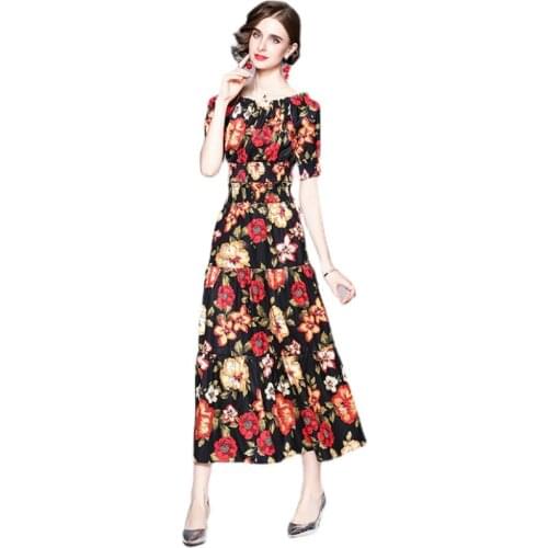 Women Summer Designer Elegant Black Print Floral Two Piece Sets High Quality Female Short Top+Fashion Big Swing Long Skirt Sets