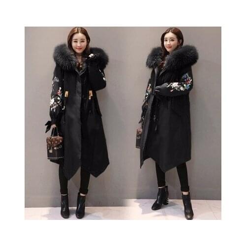 Winter Jacket Women Natural Fur Collar Parkas Embroidery Hooded Padded Coat New Warm Fit Overcoat Abrigos Mujer Invierno YP1636
