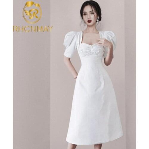 2021 New Fashion Elegant White Puff Sleeves Party Dress Women Summer Vintage Square Collar Slim Princess Long Dresses Vestidos