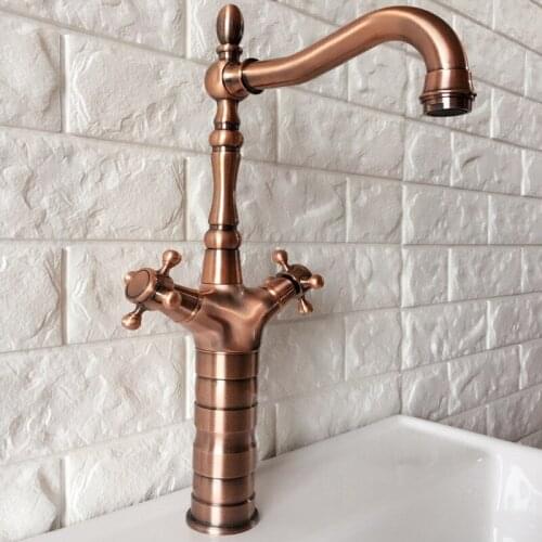 Antique Red Copper Brass Dual Cross Handles Swivel Spout Bathroom Kitchen Basin Sink Faucet Mixer Tap mrg057