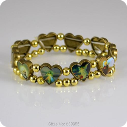 Heart shape Icon Catholic Rosary Beads Bracelet JESUS SAINTS Angel Virgin Mary Fashion Religious Jewelry Alloy Elastic Bracelets