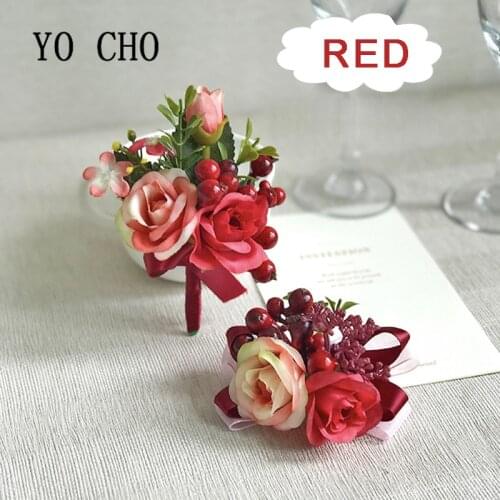 YO CHO Rose Flower Boutonniere Wedding Grooms Buttonhole Lapel Pin Bracelet Prom Accessories Party Wrist Corsage Exquisite Prom