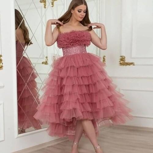 Hot Sale 2021 Charming Rose High Low Prom Party Dresses Strapless Back Out A Line Lace Wedding Guest Gowns Tiered Skirt