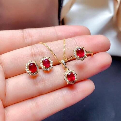 Best Gift Natural Real Ruby jewelry set Natural Real Ruby 925 sterling silver 1pc Ruby pendant,1pc ruby ring,2pcs ruby Earring