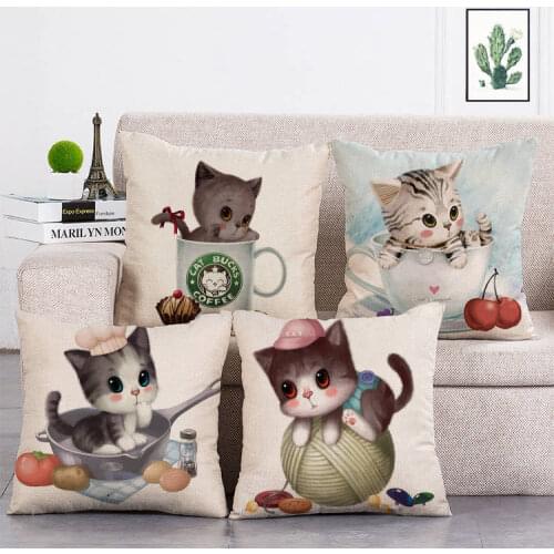 Cute Cup Cat Print Cushion Cover Coffee Pattern Linen Pillow Covers Sofa Seat Couch Vintage Home Decor Accessories 45x45cm T144