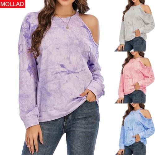2021 Autumn and Winter New Womens Sweater Tie-Dyed Printed Loose T-shirt off-Shoulder Women