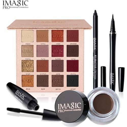 IMAGIC 5pcs/set Shimmer Matte 16 Colors Eyeshadow Palette Black Color Mascara Liquid Eyeliner Pencil Eyebrow Cream