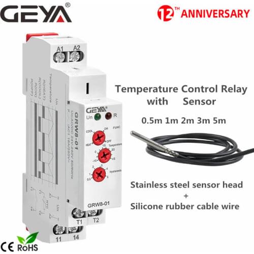 Free Shipping GEYA GRW8 Din Rail Temperature Control Relay 16A Wide Range Voltage AC/DC24-240V with Waterproof Sensor