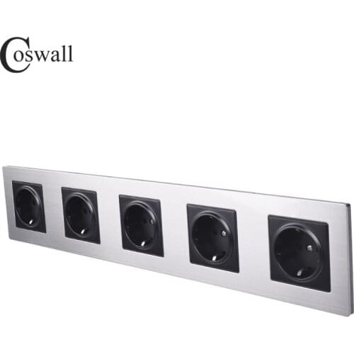 COSWALL Stainless Steel Panel 5 Gang Wall Socket 16A EU Russia Spain Electrical Outlet Silver Black Color Child Protective Door