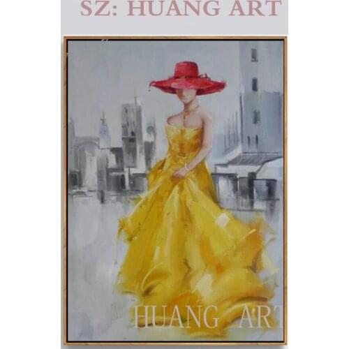 Hand-painted oil painting abstract ideas in yellow with red hats sexy girl human modern minimalist art hall study living room