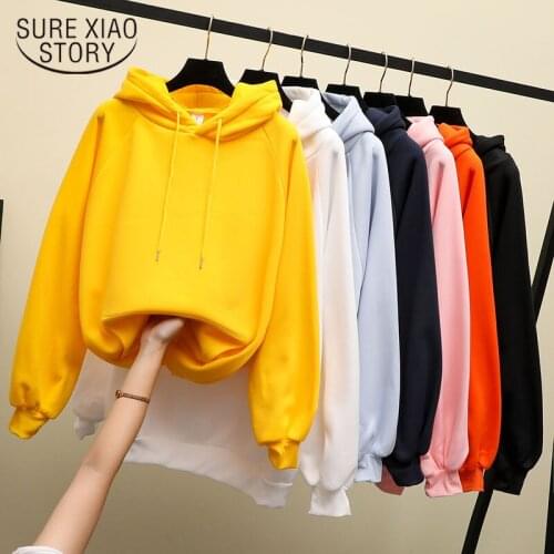 Autumn Oversize Hoodies 2020 Preppy Style Hoodie Sweatshirt Women Pullover Thick Streetwear Velvet Solid Loose Korean Coat 11621