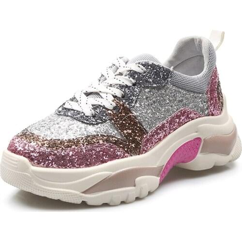 Spring Tennis Sequined Single Shoes Womens Shoes Ladies Fashion Sneakers Casual Shoes Thick Soles Increased Shoes U13-17