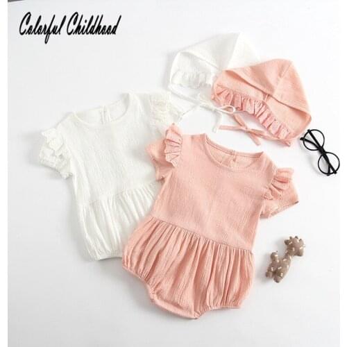 Adorable lace romper baby clothes summer short sleeve overalls+hats 2pcs set toddler baby girls pajamas 0-24m