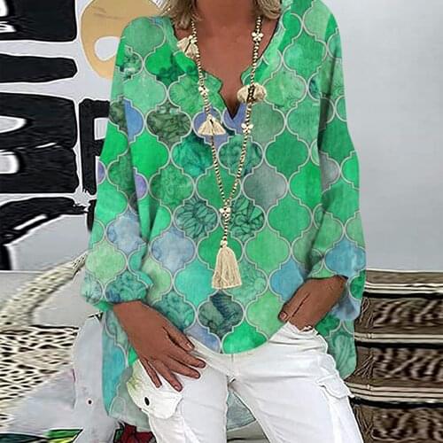 Plaid Geometric Print Womens Blouse Loose Long Sleeve Top V Neck Summer Casual Oversized Blouse Blusas Y Camisas Blouses Femme