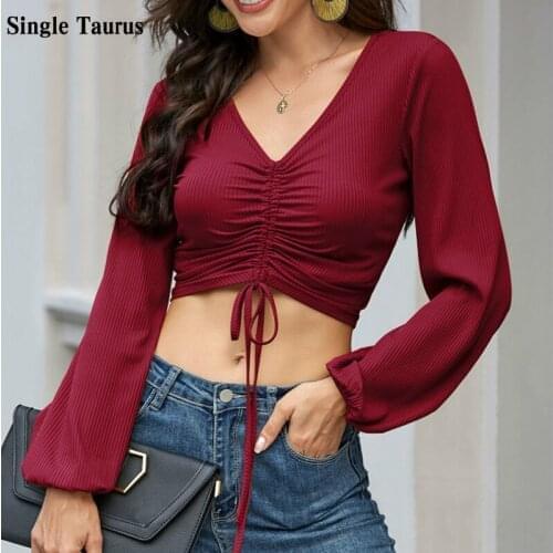 2020 Fall Winter Lady Drawstring Shirt Lantern Long Sleeve V Neck Sexy Knitted Top Drawstring Bottom T Shirt Ins Casual Sweaters