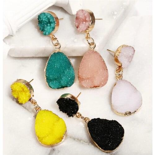 HOCOLE Fashion Resin Stone Water Drop Earrings For Women Bohemian Gold Color Druzy Dangle Earring Female Jewelry Wedding Party