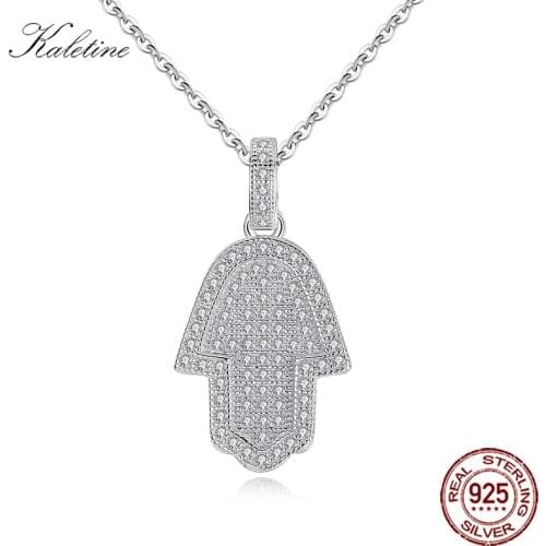 Lucky Hamsa Hand Necklace 925 Sterling Silver Pave CZ Good Luck Hamsa Hand of Fatima Pendants Women Necklace Link Chain KLTN057
