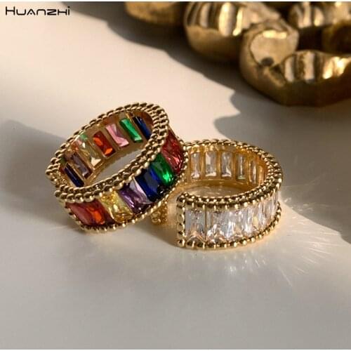 HUANZHI 2020 New Trend Personality Gold Transparent Crystal Mosaic Rainbow Zircon Wide Opening Ring for Women Party Jewelry