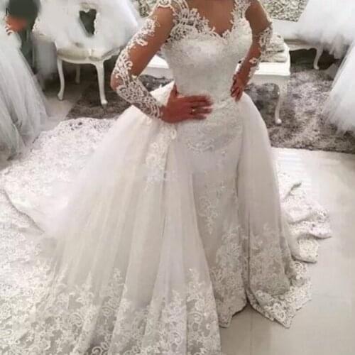 Vestido De Noiva Lace Mermaid Wedding Dress with Detachable Skirt Backless Long Sleeve Saudi Arabia Bridal Wedding Gowns Dubai