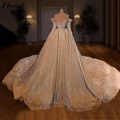 2 Designs Champagne Sequins Wedding Dresses 2021 Off Shoulder Gorgeous Wedding Gowns Princess Chapel Vestido De Noiva 2021