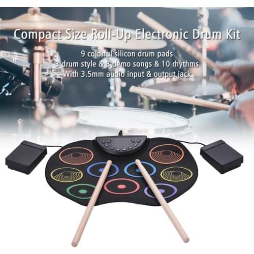 Drum Set Compact Size Electronic Drum set 9 colorful drum pads Hand-Rolled USB Powered with Drumsticks Foot Pedals for Beginners