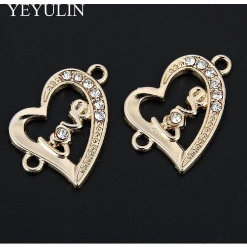 10 Pcs Golden Color Love Heart Shape Alloy Crystal Connector Bracelet Charm For FIY Fashion Jewelry Making 2.1*2.3cm