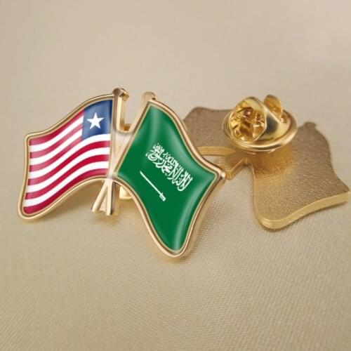 Liberia and Saudi Arabia Crossed Double Friendship Flags Lapel Pins Brooch Badges