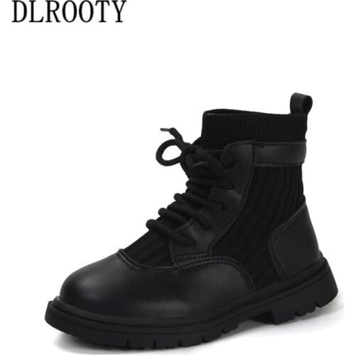 Children Martin Boots Leather Shoes Boy Girl Autumn Spring Flat Baby Kid Outdoor Fashion Ankle Knitting Non-slip Sneakers