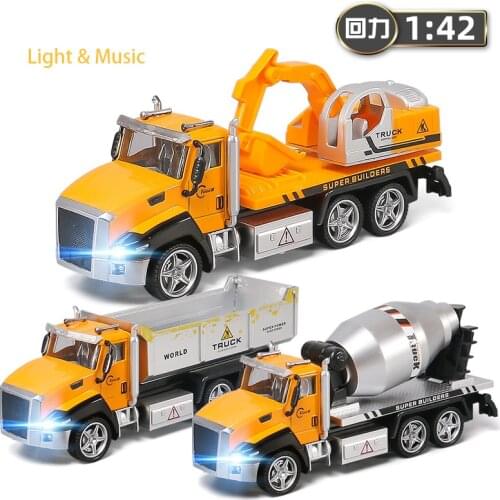 1:42 Scale 21cm Engineering Truck Alloy Diecast Vehicle Music Light Pull Back Excavator Cement Mixer Car Model Toy for Boys Y162