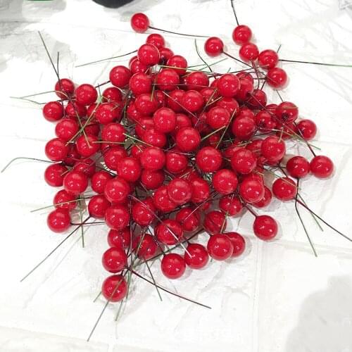 100Pcs mini fake plastic berry artificial flower red cherry pearlescent stamen wedding Christmas decoration DIY