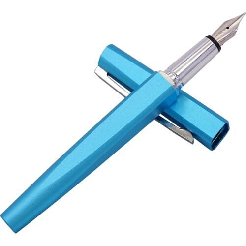 KACO SQUARE Luxury Aluminum Four Sides Blue Fountain Pen with Iron Box, Schmidt Converter & Fine Nib 0.5mm Gift Set for Office