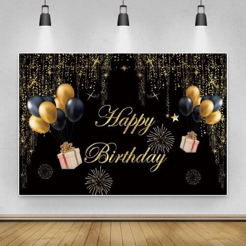 Laeacco Gold Glitters Star Balloons Happy Birthday Photography Backdrops Black Customized Baby Portrait Backgrounds Photo Studio