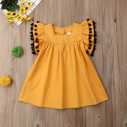 Summer Cute Lovely Infant Kids Baby Girls Dress 1-6Y Tassel Sleeve Solid Knee-Length A-Line Dress Yellow Dress
