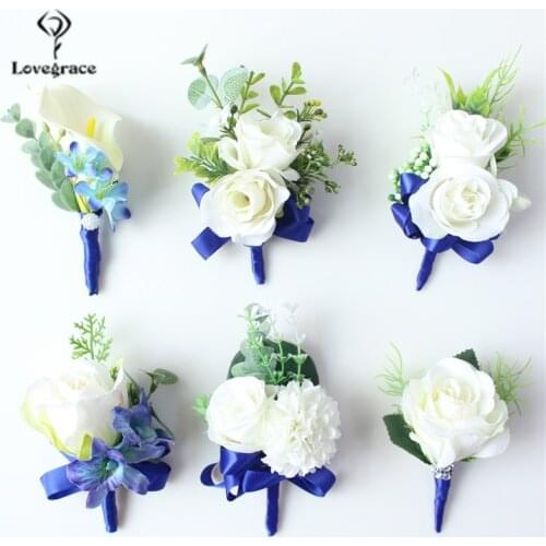 Lovegrace Wedding Corsages and Groom Boutonniere for Men Para Homebre Silk Lily Flower Blue Wedding Bouquet Accessories Supplies