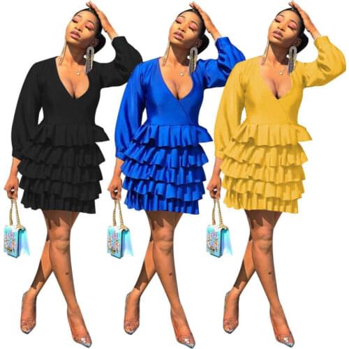 US New Fall Women Sexy Solid Color Deep V Long Sleeve Ruffle Clubwear Midi Dress