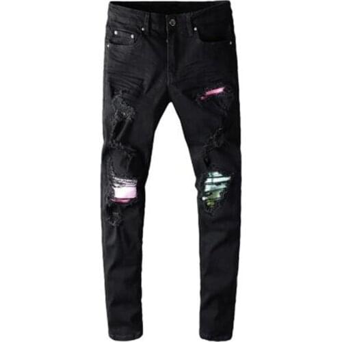 New Mens male fashion colored pleated patchwork black biker jeans Streetwear slim skinny ripped stretch denim pants trousers