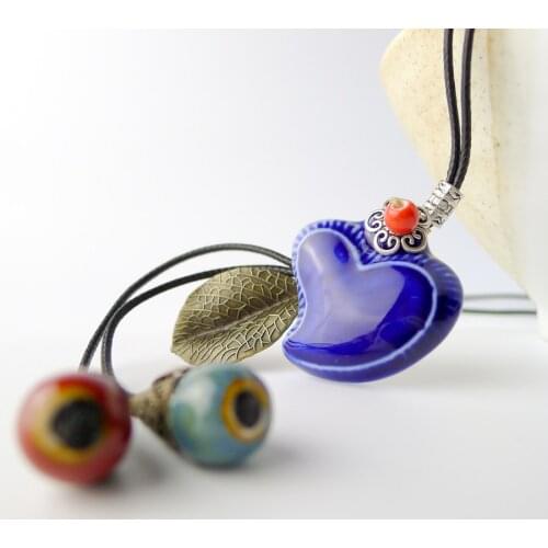 Blue Ceramic heart-shaped pendant Necklaces Jingdezhen Ceramic Jewelry Long Rope Handmade DIY fashion Necklace for women #EY108