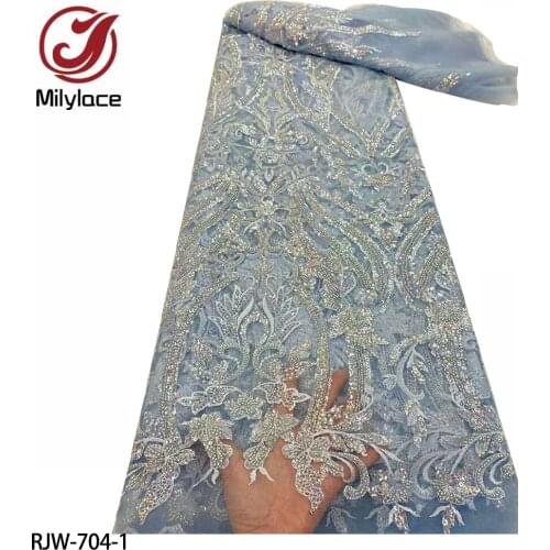 Latest French Lace Embroidery Fabric Luxury Africa Nigeria Hand Beaded Lace with Sequins for Wedding Dress RJW-704