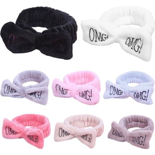 Women Girls SPA Wide Headband Cute Bowknot OMG Letters Embroidered Hairband Elastic Makeup Flannel Turban Candy 8 Color Headwrap