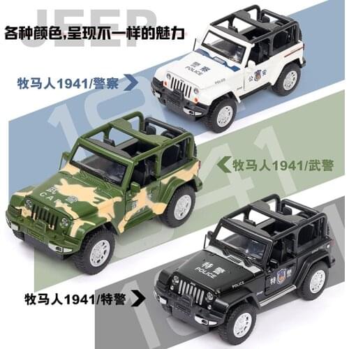 1:32 high simulation jeep wrangler police car sound and light pullback alloy off-road vehicle model for children gifts