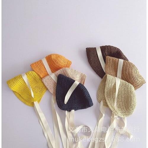 Literary Children Ribbon Straw Hat Summer Cute Baby Boys and Girls Straw Concave Shape Solid Color Cool Hats