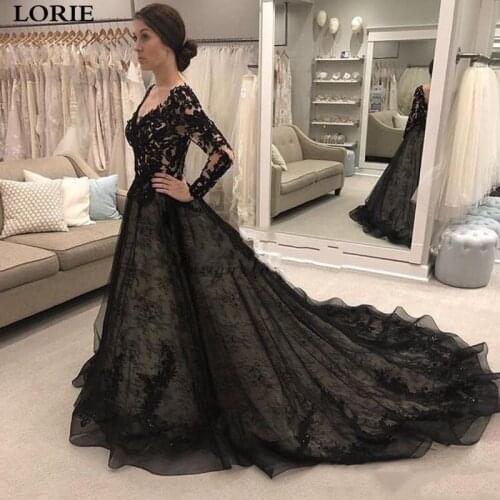 LORIE Blace Lace Wedding DressLong Sleeve V Neck Boho Bride dresses Vestidos de novia Train Wedding Gowns