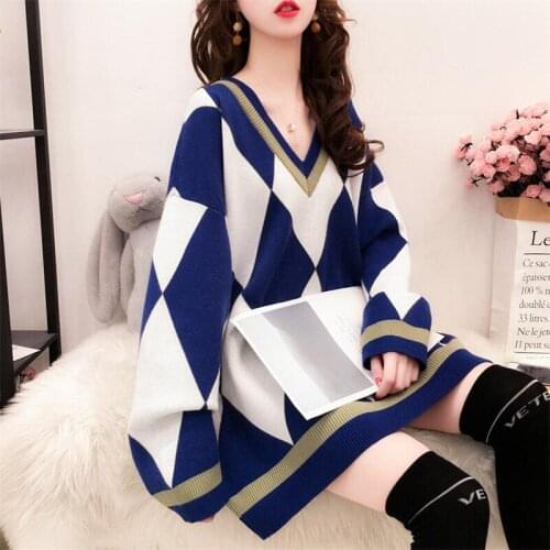 Oversized V-neck Loose Long Sleeve Diamond Plaid Sweater Female 2020 Autumn Winter Korean Knitted Pullover Tops Hot Sale Outwear