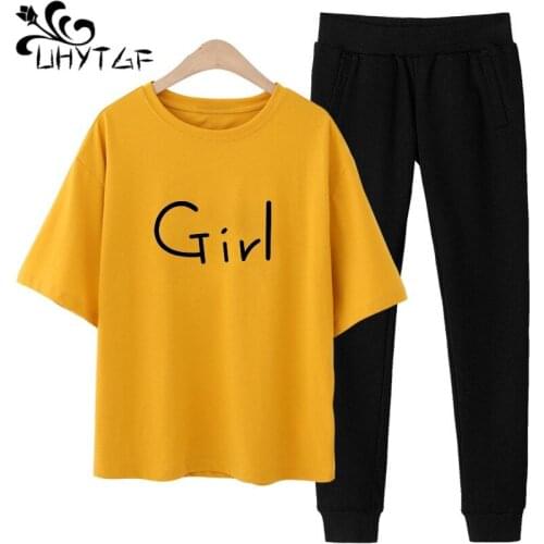 UHYTGF fashion summer tracksuit for women Tshirt top and pants casual student 2 piece set women pullover girl two piece set1272
