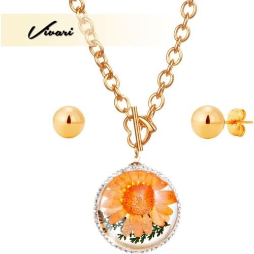 Vivari Fake chrysanthemum Pendant Long Necklace for Women Jewelry Set Steel Ball Earring Stud Stainless Steel Fashion Trinket